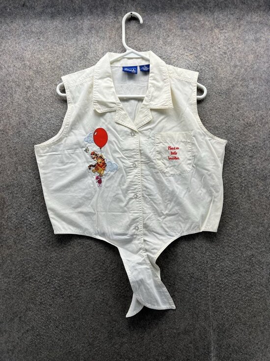 Winnie The Pooh Tops - Winnie The Pooh Shirt Women XL White Collared Sleeveless Button Up Tigger VTG 90